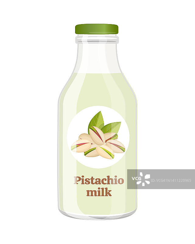 素食开心果牛奶玻璃瓶，替代非乳制品饮料，矢量插图在白色背景图片素材