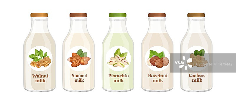 素食坚果奶瓶。植物性饮食的替代非乳制品素食饮料，健康的有机无乳糖牛奶杏仁，腰果，榛子，核桃和开心果图片素材