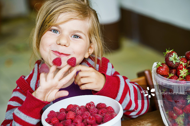 快乐的学龄前小女孩的肖像吃健康的草莓和覆盆子。微笑的孩子从花园或田野里拿着成熟的浆果。给孩子们的健康食品图片素材