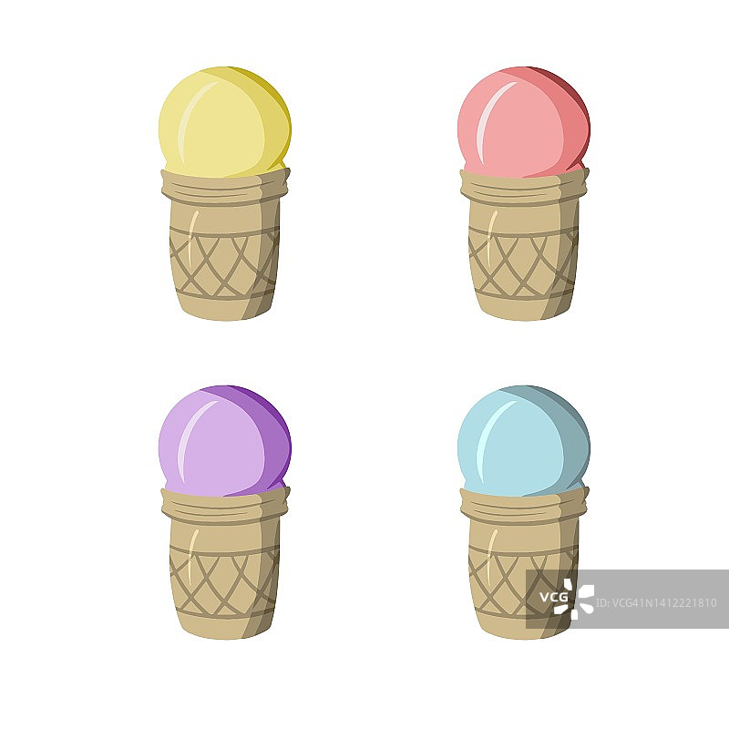 甜的冷的甜点，一套水果冰淇淋在华夫杯，卡通矢量，扁平图片素材