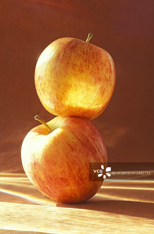 两个加拉苹果，一个压在另一个上面图片素材
