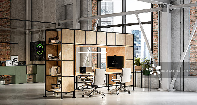 木质隔断的现代办公办公桌的数字生成图像图片素材