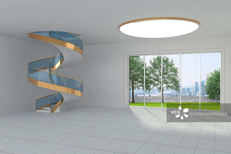 3D渲染，优雅的客厅和旋转楼梯图片素材