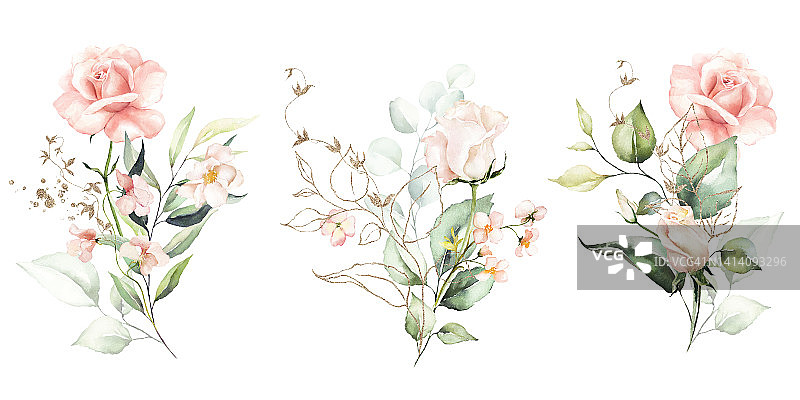 水彩套花束-边花圈框与明亮的桃色，腮红，白色，粉红色，生动的花朵，金色的元素，绿色的叶子。图片素材