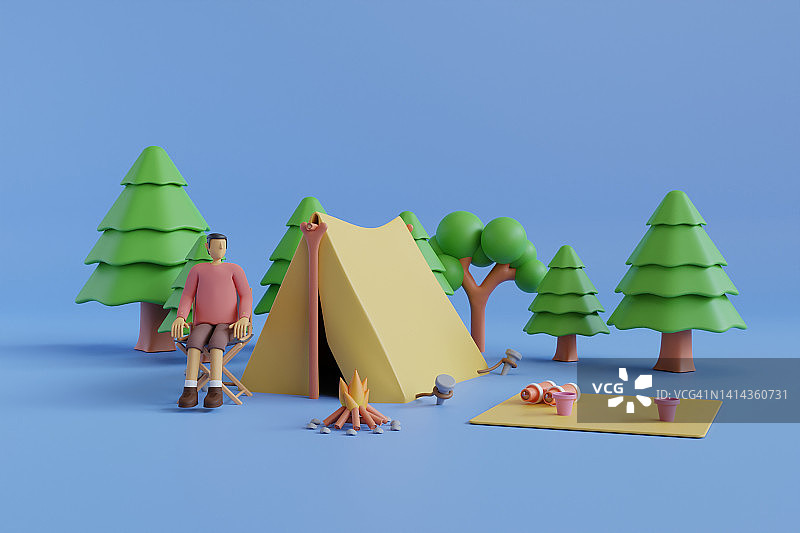 3D卡通篝火和松林中的帐篷。低多边形几何冷杉树和一个帐篷附近的营火和徒步水壶的3d插图。图片素材
