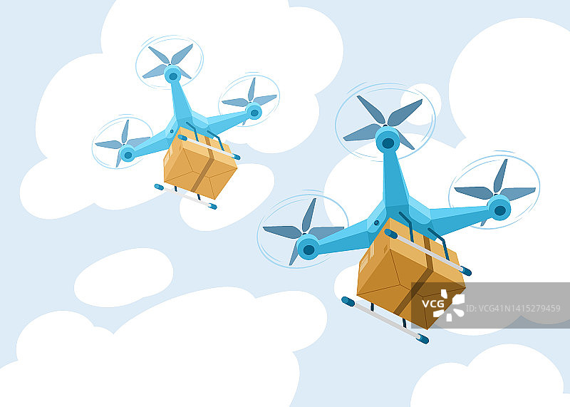 无人机空运。送货飞行机器人无人机，快递机器人送货概念。现代货物运输技术。卡通矢量图图片素材