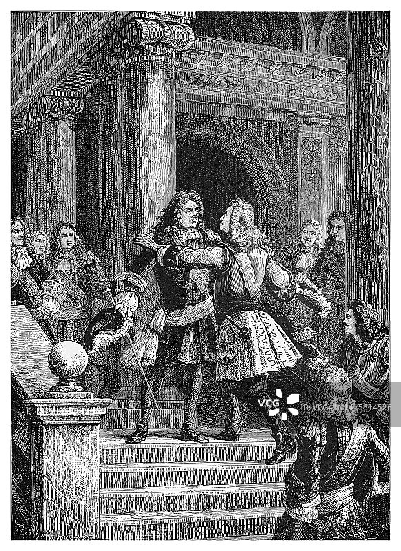 古老的雕刻插图，德维拉尔元帅和萨伏伊王子Eugène在拉斯塔特会面图片素材