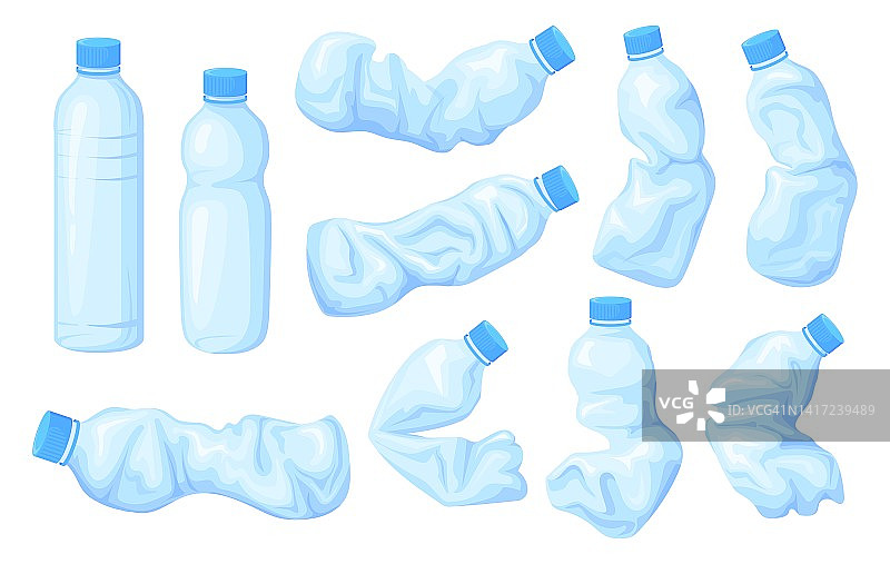 皱巴巴的瓶子。不卫生的塑料压碎瓶装水，废旧瓶装垃圾垃圾垃圾塑料废弃海洋垃圾污染环境，整齐的矢量插图图片素材