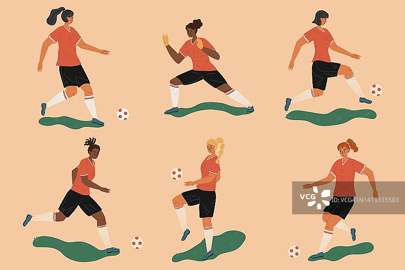 女足球员控球，人物向量集。女足球运动员用球孤立人物。女孩们踢着球，玩着花样图片素材