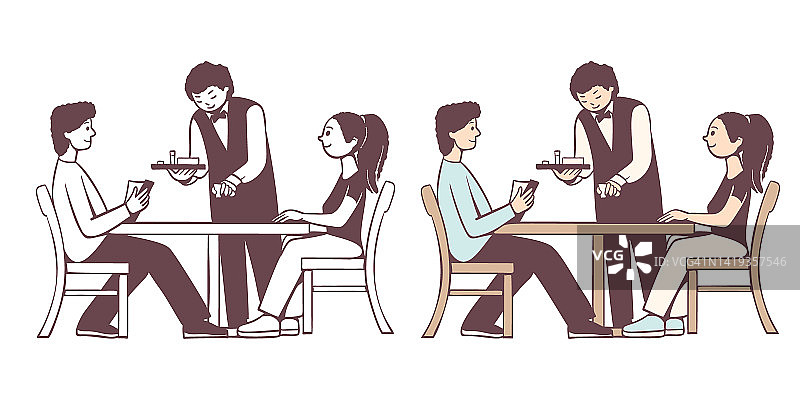 一个服务员在咖啡馆为一对年轻夫妇服务。图片素材
