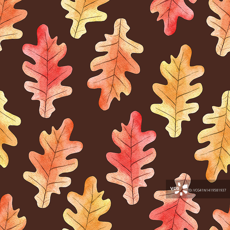 水彩橡树叶子无缝图案在棕色的背景。纺织品秋季印花图片素材