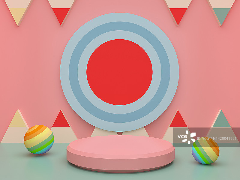 粉红色领奖台与彩虹球和蓝色戒指在粉彩粉红色的背景。用于儿童产品展示的基座。几何的3 d渲染图片素材