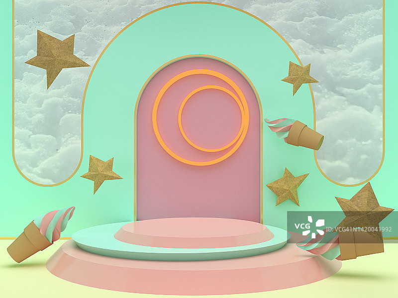 领奖台上浮动的星星和冰淇淋在粉红色和绿色粉彩拱门的背景。用于儿童产品展示的基座。几何的3 d渲染图片素材