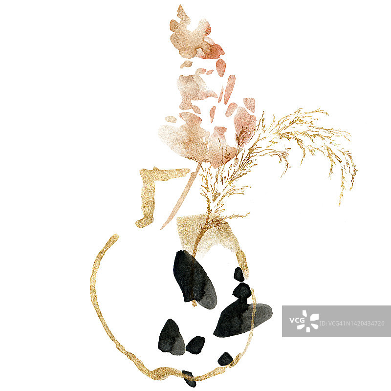 热带水彩组成的金色潘帕斯草和抽象花瓶。手绘线性卡片的植物孤立在白色背景。花卉插图设计，印刷，织物或背景。图片素材