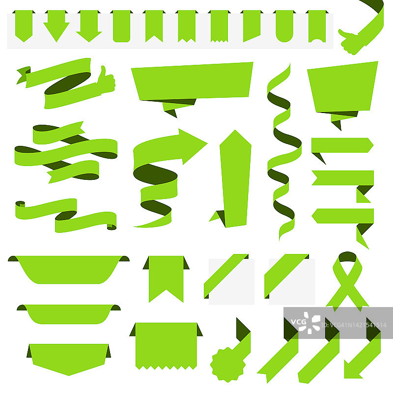 采购产品一套绿色缎带，旗帜，徽章，标签-设计元素在白色背景图片素材