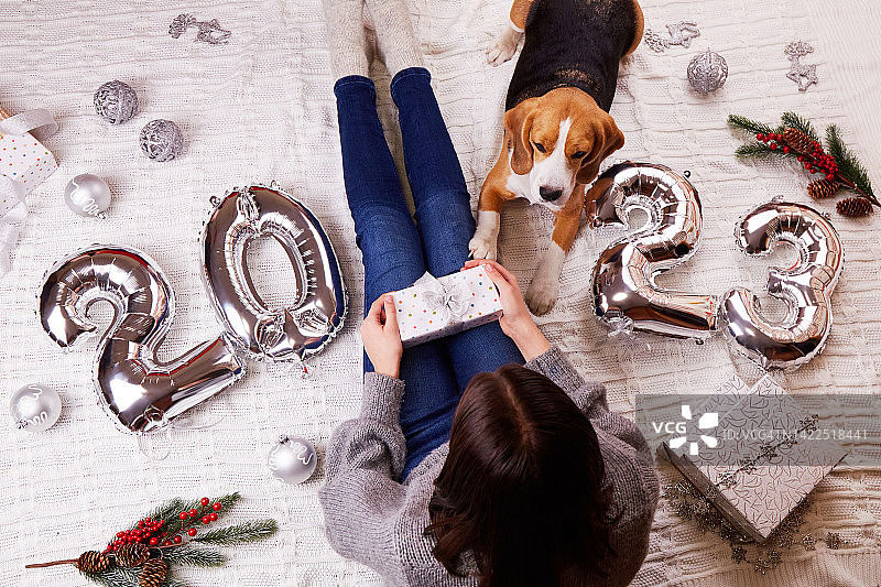 女孩和她的狗坐在床上，手里拿着一个礼品盒。2023年新年快乐。印有数字的银色气球。图片素材