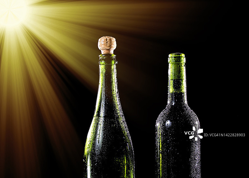 阳光照耀下的一瓶瓶香槟和一瓶瓶葡萄酒。图片素材