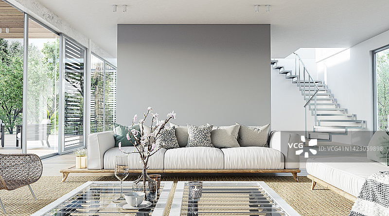 舒适，豪华，现代客厅与沙发，窗户和装饰图片素材