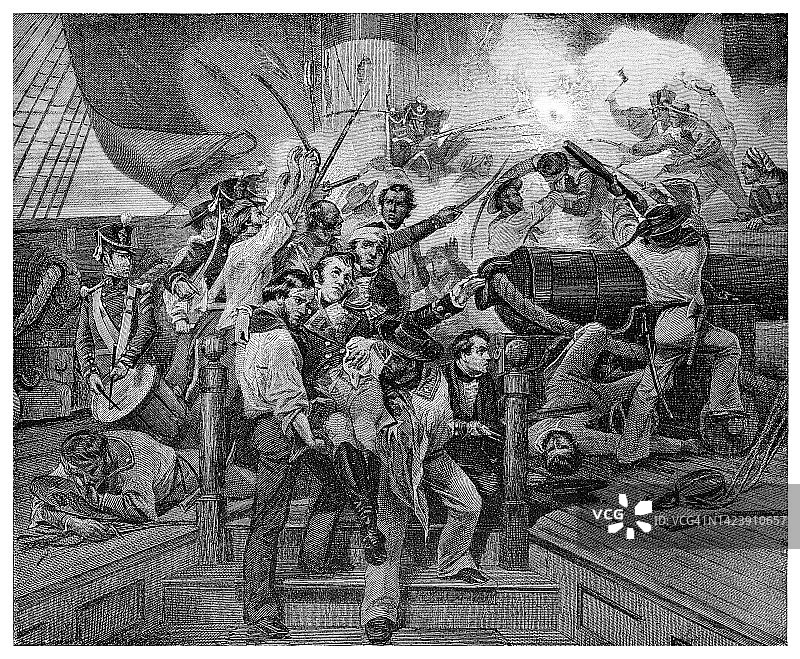 詹姆斯·劳伦斯船长(1781-1813)的古老雕刻插图，在1812年战争中他的船“切萨皮克”号和英国护卫舰“香农”号的交战中受了致命伤。图片素材