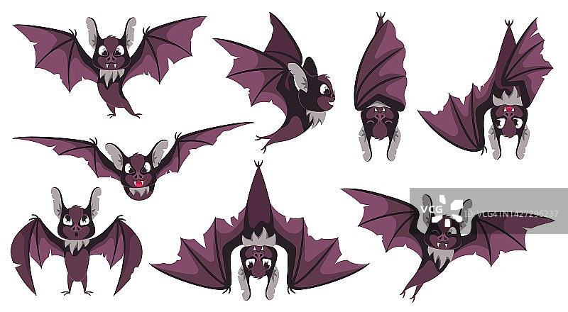 卡通蝙蝠人物。可怕的夜晚吸血鬼动物，飞翔的蝙蝠在不同的姿势和万圣节吉祥物矢量插图集图片素材