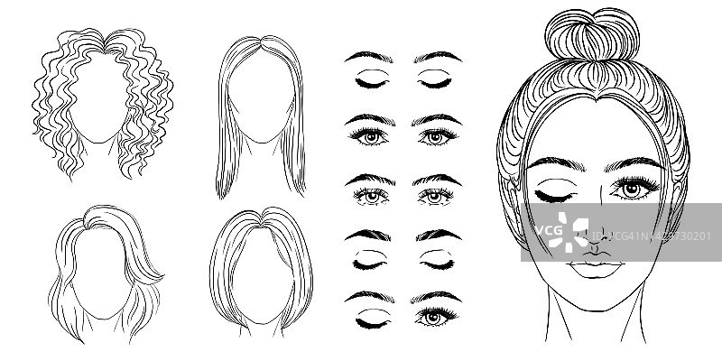 女孩的脸建设，头像创造与不同的头部部分隔离在白色背景。图片素材