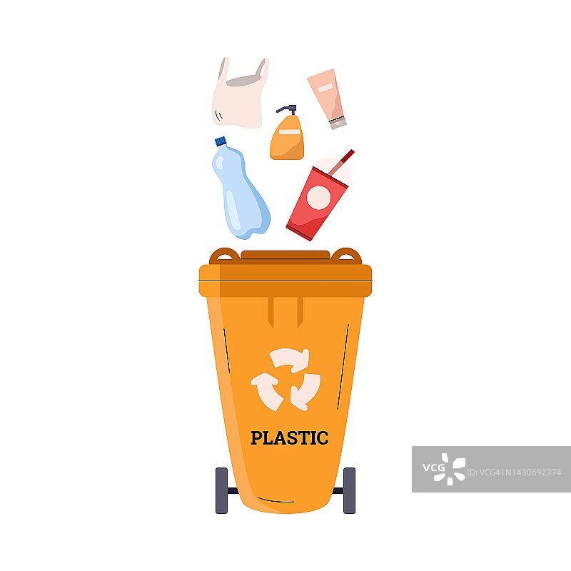 橙色轮式塑料垃圾桶平面造型，矢量插画图片素材