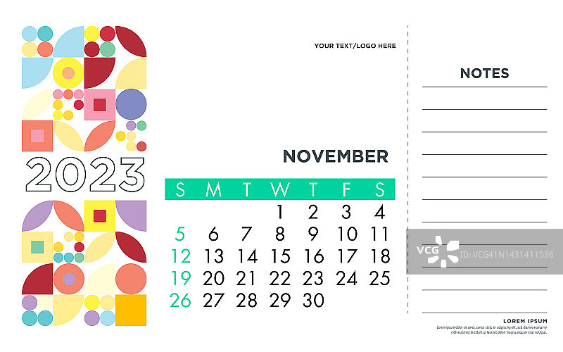 11月日历。抽象日历概念矢量插图。节日设计为贺卡，请柬，日历等矢量股票插图图片素材