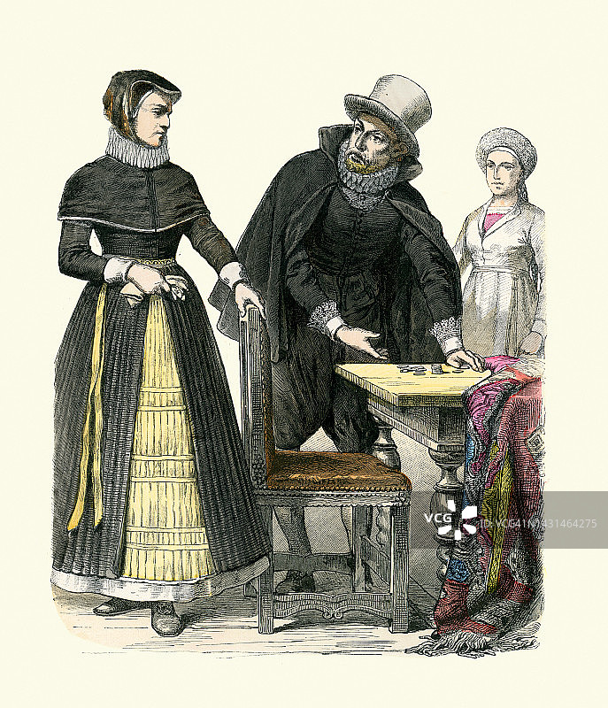 丹麦的传统服装，17世纪的时尚，丹麦市民的妻子，商人，斯台普尔霍尔的女人图片素材