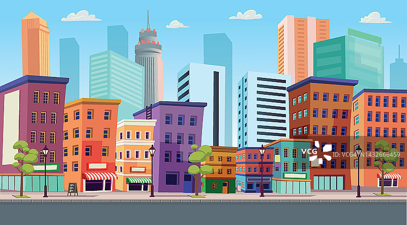全景城市建筑房屋与商店和道路:精品店，咖啡馆。卡通风格的矢量插图。图片素材