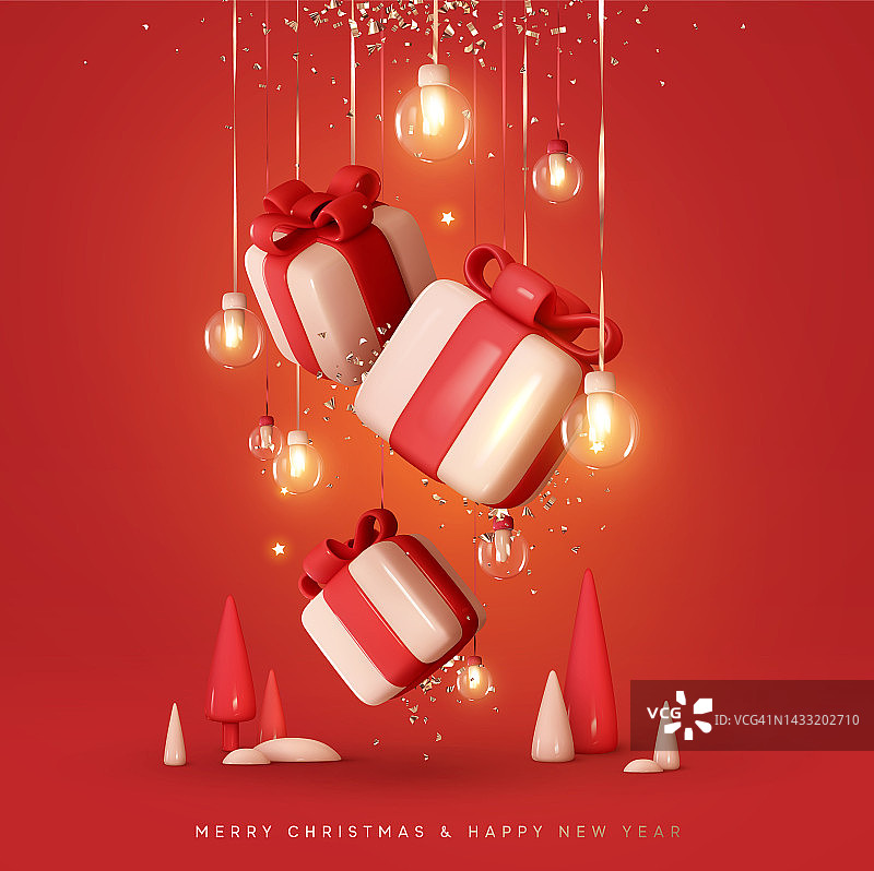 圣诞快乐和新年快乐的背景。逼真的3d圣诞设计，掉落的礼盒和金色的五彩纸屑挂在彩带玻璃球上装饰圣诞树的灯花环。矢量图图片素材