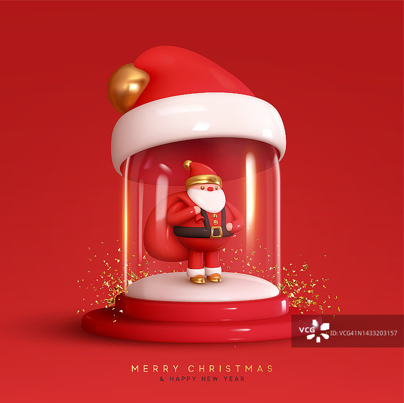 圣诞假期。在神奇的玻璃圆顶下，圣诞老人带着礼物袋和白色的雪球。新年写实3d设计构图。圣诞红的背景。矢量图图片素材