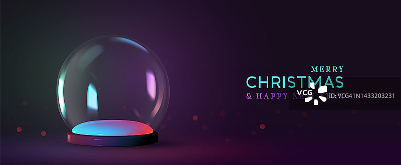 圣诞节发光的玻璃冬天的雪球在霓虹灯。逼真的3d设计神奇的球体透明。节日装饰对象。模板讲台工作室。圣诞节的背景。矢量图图片素材