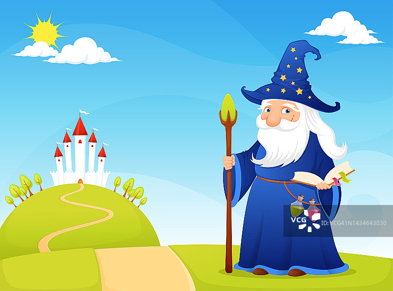 一个戴着蓝帽子、拿着魔法书和魔杖的有趣的老巫师。图片素材