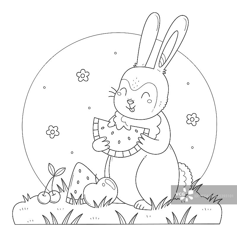 可爱的兔子用水果吃西瓜着色页。兔子吃儿童涂色书。黑白插图。图片素材