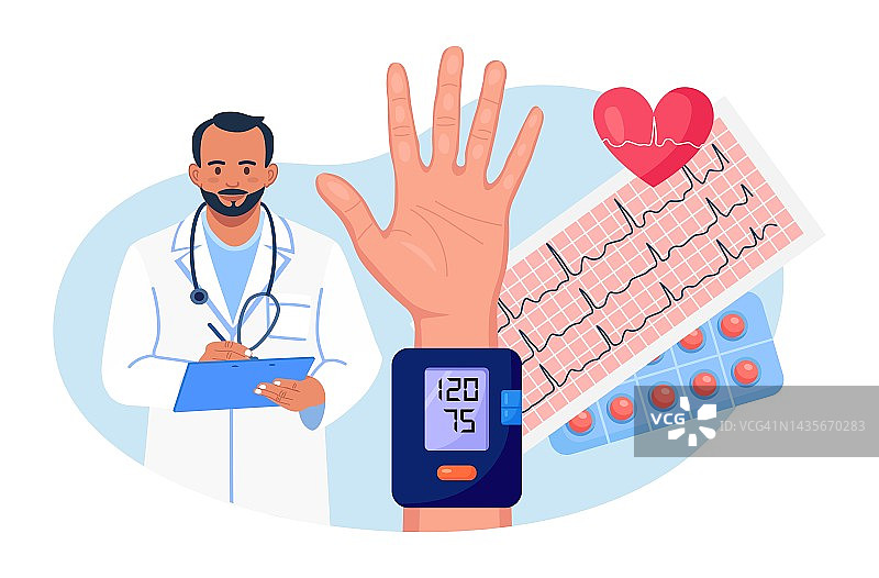 高血压或低血压疾病。心脏病专家用血压计测量病人的高血压。医生撰写心脏科检查、心血管系统体检结果图片素材