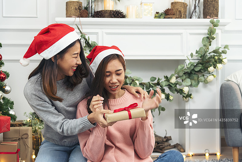 两个女人姐弟用手装饰圣诞树红球、小玩意、雪花。双手捧着红球装饰。亚洲女性朋友装饰小玩意球圣诞树圣诞假期图片素材