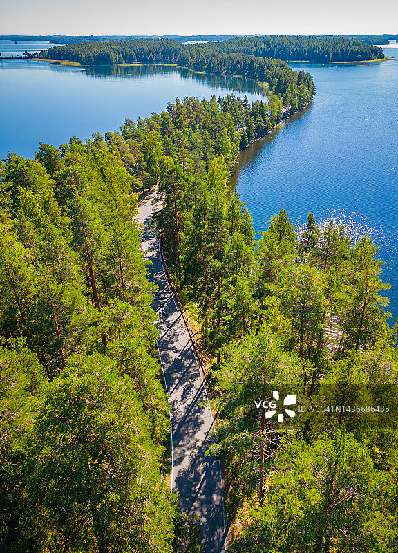 芬兰Punkaharju，一个阳光明媚的夏日，从空中俯瞰穿过湖面的狭长土地图片素材