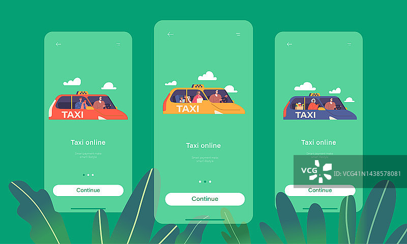 出租车在线移动应用程序页面板载屏幕模板。角色使用出租车服务。客户和司机图片素材