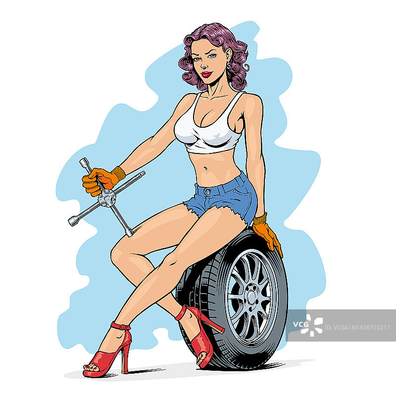 别针风格的女人正在修理汽车轮子。车库或轮胎维修工。矢量插图。图片素材