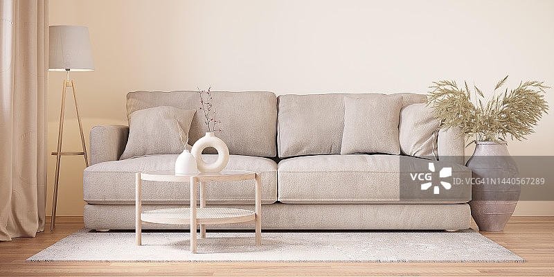 日本风格的优雅家居内饰。带沙发的现代斯堪的纳维亚客厅室内设计。3D渲染图片素材