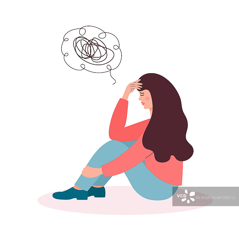 忧郁的女人坐在那里思考问题。她脑子里乱想，心理健康问题，压力，失落，危机，倦怠综合症，人际关系问题的概念。图片素材