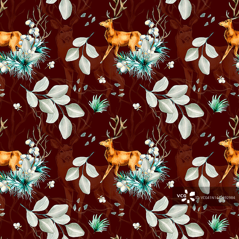 冬季植物与鹿水彩画无缝图案隔离在红色上。图片素材