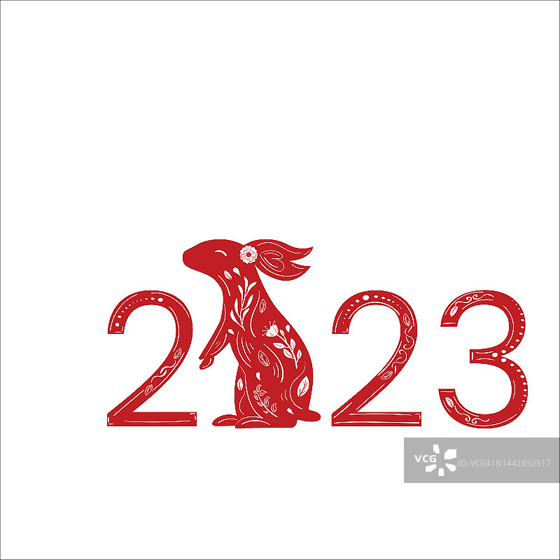 2023年新年兔子数字与花卉装饰图片素材