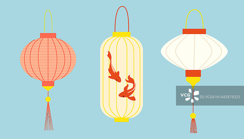 一套可爱的卡通风格的中国纸灯笼。图片素材