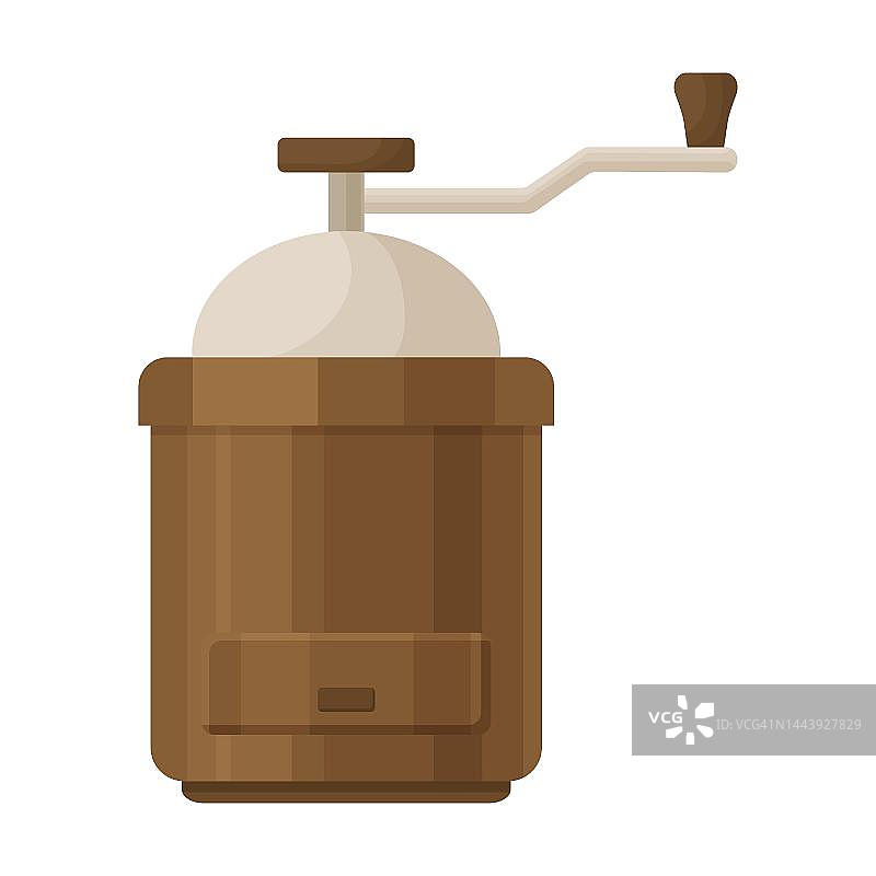 木制咖啡研磨机，用于研磨咖啡豆。矢量插图的现代或复古设备的浓缩咖啡和摩卡饮料图片素材