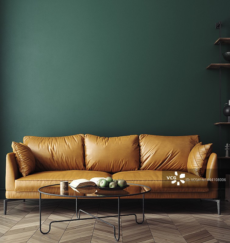 家庭内部模型与棕色皮革沙发，桌子和客厅的装饰图片素材
