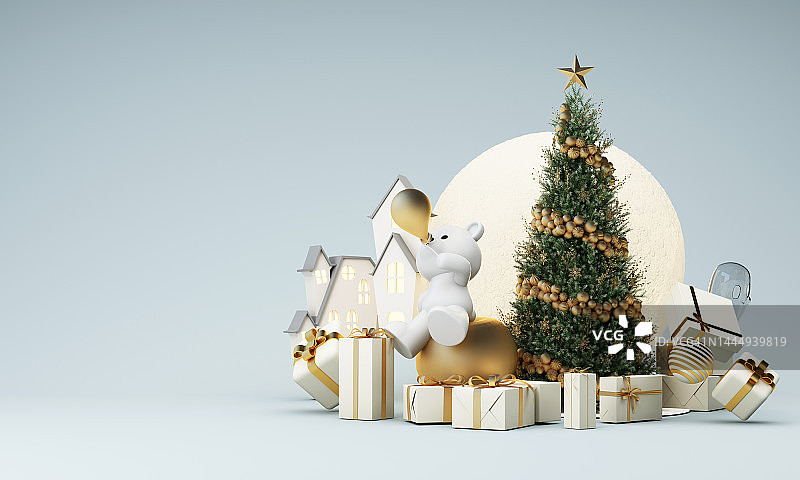 新年快乐，圣诞快乐，冬天老城街。月圆云圆的圣诞树和金色的礼品盒里有北极熊。明亮的寒假作文。三维渲染图片素材