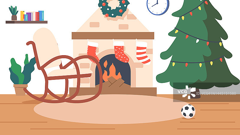 圣诞家庭内部壁炉与袜子，摇椅和装饰松树花环准备好了圣诞节图片素材