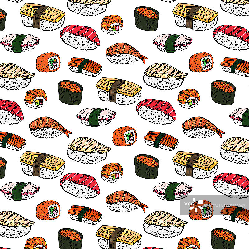 寿司卷矢量食品和日本美食海鲜传统海带新鲜生零食插画无缝图案背景图片素材