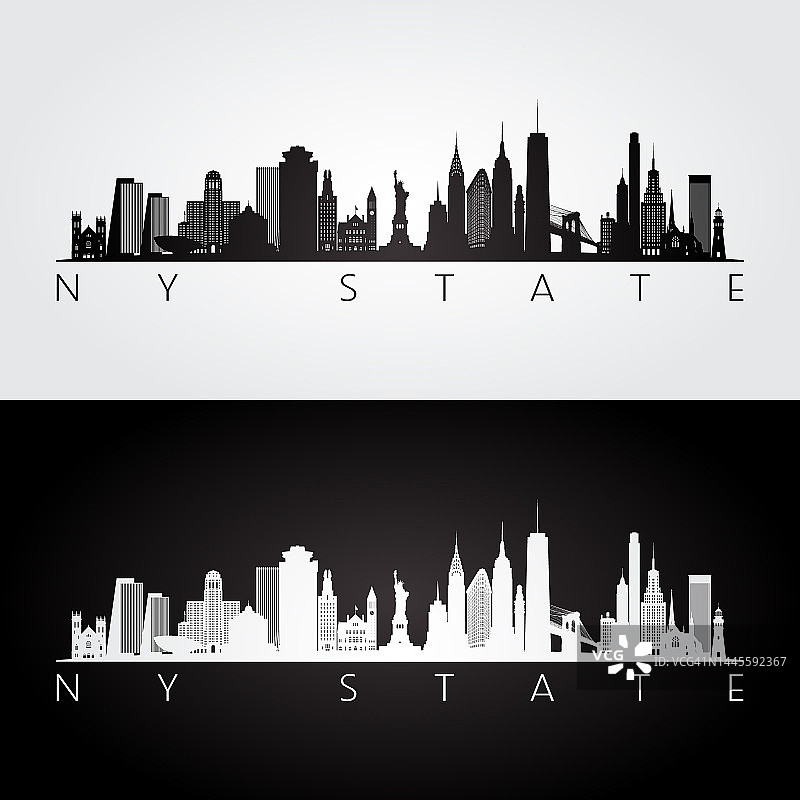 纽约州天际线和地标剪影，黑白设计。矢量插图。图片素材
